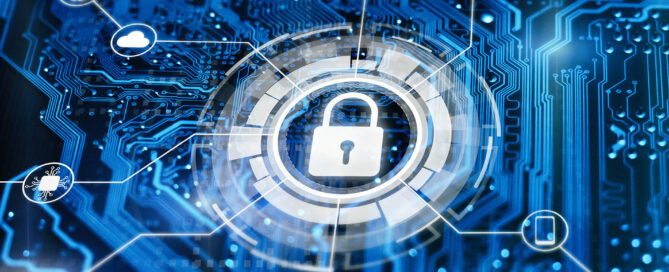 Cybersecurity and secure nerwork concept. Data protection, gdrp. Glowing futuristic backround with lock on digital integrated circuit.