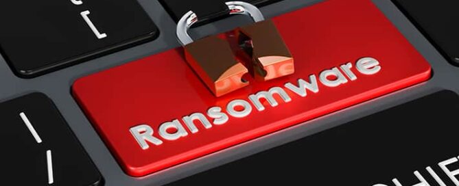 Ransomware red button on keyboard, 3D rendering