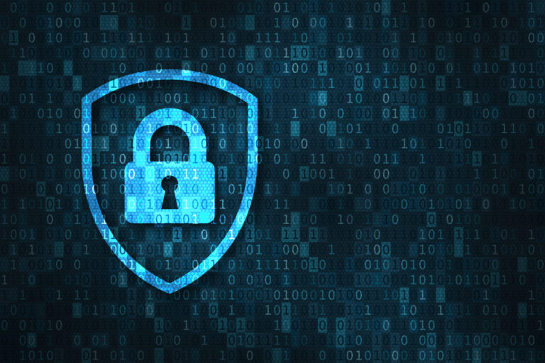 Cybersecurity and data privacy protection concept, lock, binary digits background