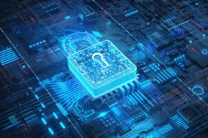 Digital data security padlock on futuristic circuit board